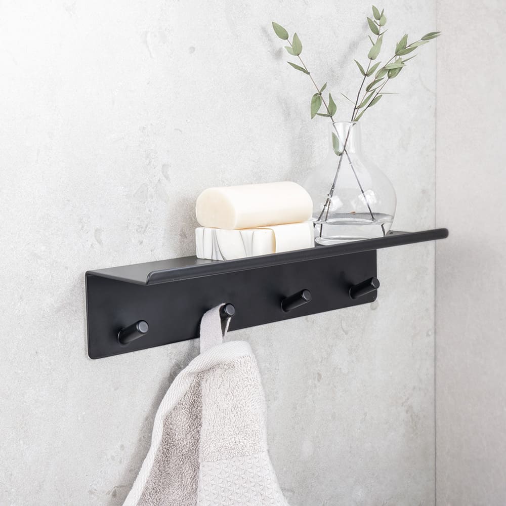 Etagère De Salle De Bain Avec Bande Á Crochets Base - Noir Mat