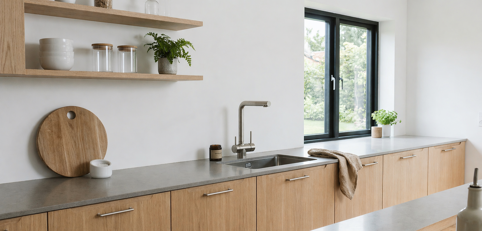 Mitigeur de cuisine moderne en acier inoxydable dans une cuisine scandinave