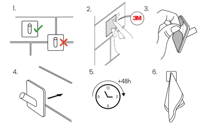 Étapes de pose d'un accessoire de salle de bain avec ruban 3M, avec 48 heures de séchage