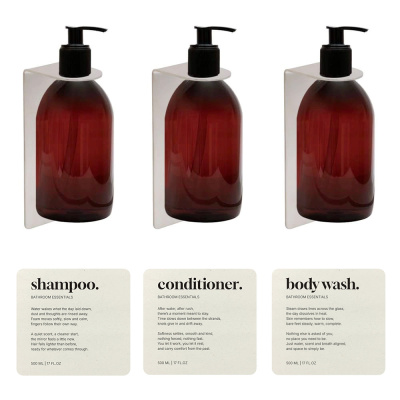 ensemble de distributeurs de savon avec flacon pompe brun, support base pour distributeur de savon et étiquettes de couleur beige
