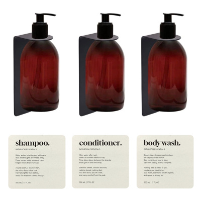 ensemble de distributeurs de savon avec flacon pompe brun, support base pour distributeur de savon et étiquettes de couleur beige
